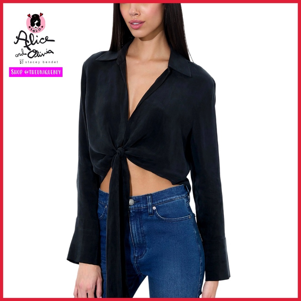 Alice + Olivia Hannon Black Tie Front Blouse Top